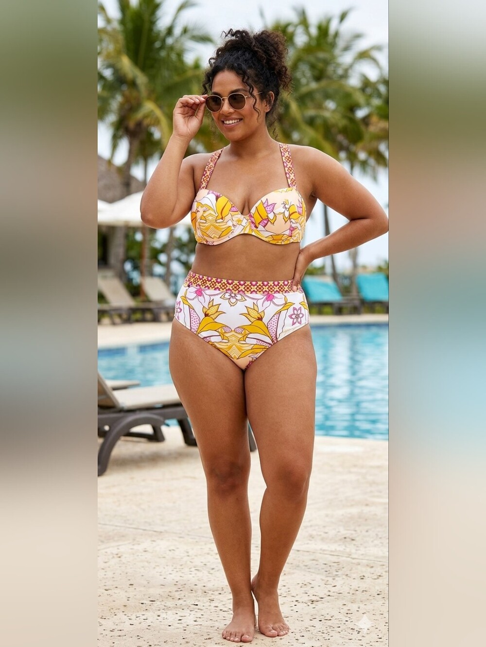 River Island Plus Size Orange/White/Pink Floral High-Waist Bikini Set US 16-18